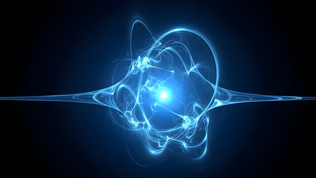 Glowing blue atom model in futuristic neon lighting with swirling energy on dark blue background for scientific illustration