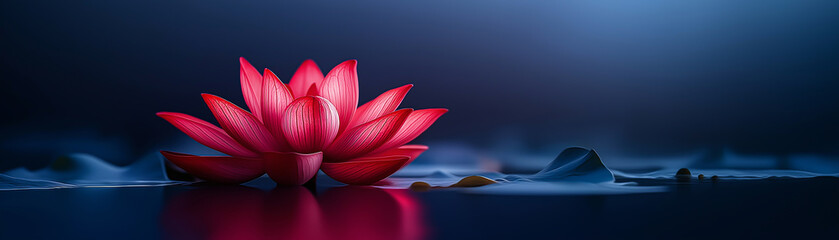 Beautiful pink lotus flower floating on dark blue water for peace and spiritual harmony