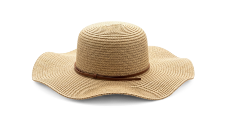 A beige straw hat with a brown leather band and a wide brim.