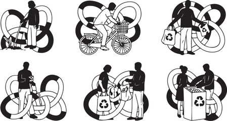 Obraz premium Recycling illustrations of people with eco friendly habits