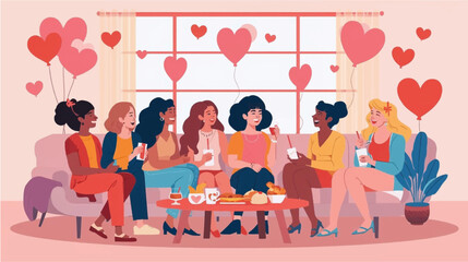 A diverse group of seven women enjoying a friendly gathering with snacks and heart balloons.