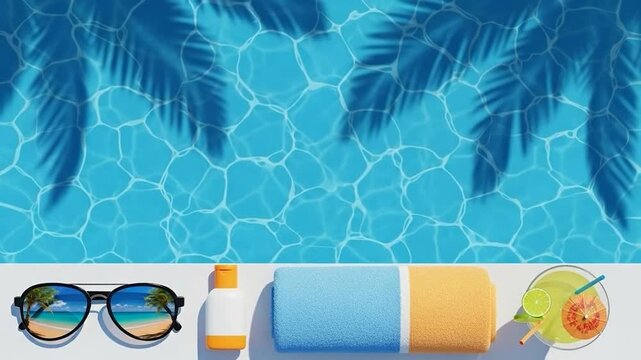 Overhead shot of pool, palm shadows, and summer items sunglasses, sunscreen, towel, and drink