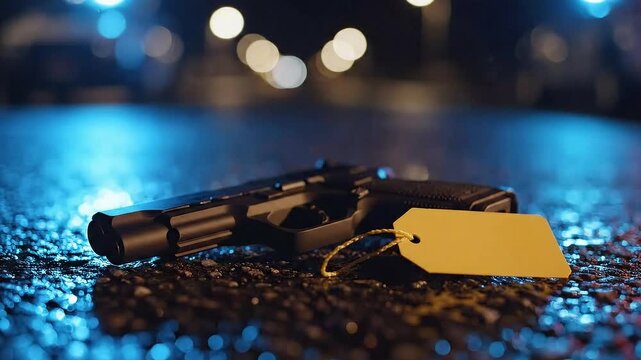 Black Handgun with Yellow Tag on Wet Asphalt at Night with Blurry Red Blue Police Lights Background Forensics Investigation Evidence