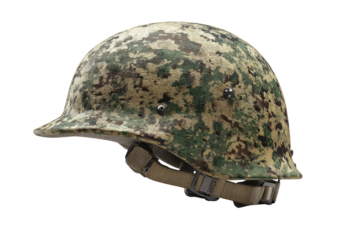 Camouflage-patterned military helmet with adjustable chin strap against black