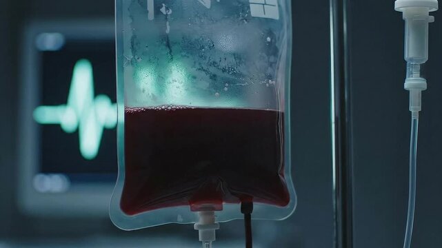 Blood Bag Close Up Intravenous Fluid Bag with Monitor Behind for Transfusion during Medical Emergency Blood Donation with Display of Vitals with Cold Tone High Contrast