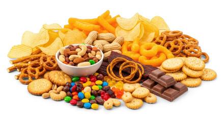 A colorful assortment of snacks and chips on a png transparent