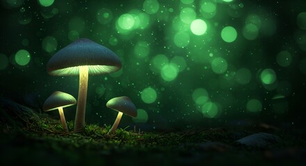 Mystical bioluminescent mushrooms glow softly in a dark, enchanted forest clearing, casting an