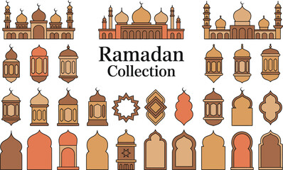 Ramadan collection with mosque buildings and islamic lanterns icons set on white background Vector illustration