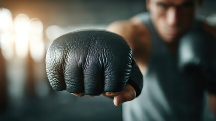 A boxing coach demonstrates technique with focus mitts for a fighter in a bright setting.