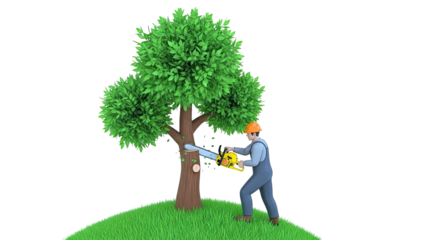 Arborist uses chainsaw to cut tree on grassy hill