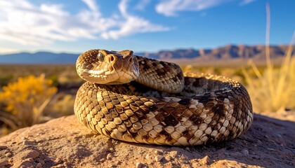 Fototapeta premium Coiled Rattlesnake in Desert Habitat - A Close-Up View of Venomous Reptile.