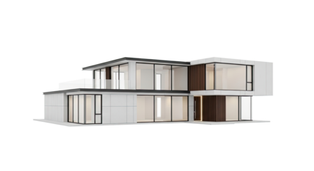 A modern, minimalist house with large glass windows and a flat roof.