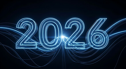 The year 2026 is depicted in glowing blue neon numbers against a dark background with abstract light trails.