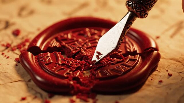 Breaking Wax Seal on Old Document Revealing Hidden Emblem of Justice and Law Breaking Concepts