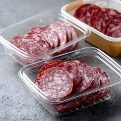 sliced salami inside many clear low plastic container