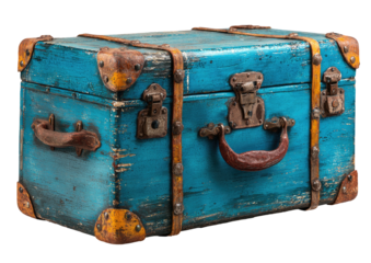 Worn, vintage turquoise trunk with rusted hardware and leather straps