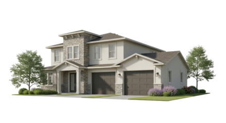 A two-story house with a stone chimney and a garage, set png transparent