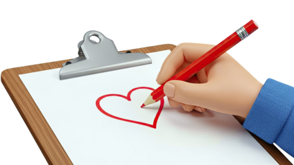 Cartoon hand drawing a red heart on a clipboard