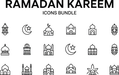 Ramadan kareem icons bundle featuring mosques and islamic symbols on white background Vector illustration