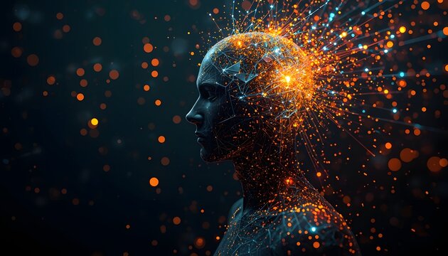 Artificial Intelligence Concept - Human Mind with Digital Neural Network and Glowing Data Particles Exploding from Brain