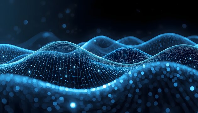Abstract Digital Technology Background with Glowing Blue Particle Wave and Network Data Flow for Cyber Security and Big Data Concepts - Powered by Adobe