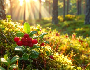 Sunlit woodland scene highlights vibrant red berries on a small plant, lush green foliage and golden light