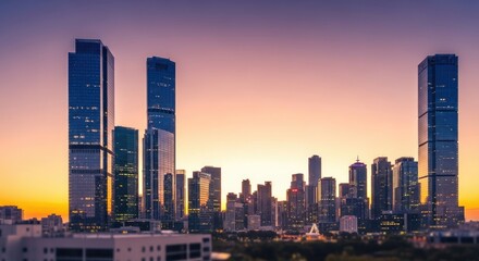 Fototapeta premium The city skyline at sunset with tall buildings and a vibrant sky.