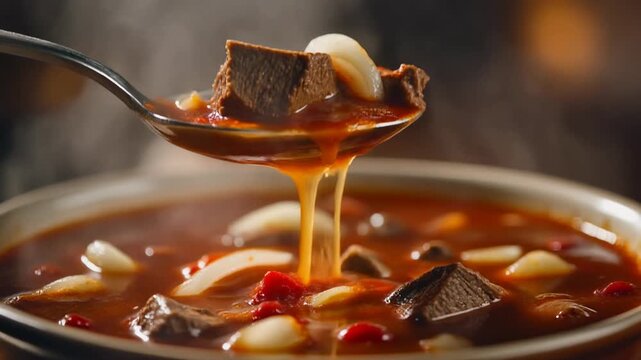 Hearty beef goulash or stew on a spoon dripping rich sauce into a steaming bowl