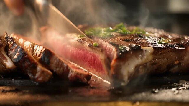 Close-up of a knife slicing a perfectly grilled medium-rare steak revealing the pink juicy interior with steam rising dramatically from the hot meat.