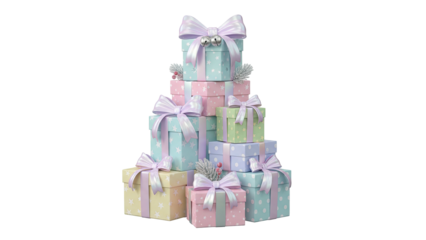 A 3D rendering of a pyramid stack of colorful gift boxes with bows on a white background