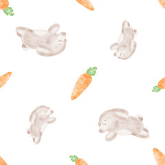 Fototapeta premium Cute bunnies and carrots with top watercolor seamless pattern for kids design. Funny rabbits illustration for baby themes. Hand-drawn ornament of little animals easter hares for textile, wallpaper.