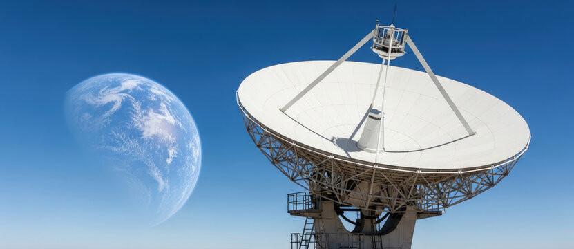 A large satellite dish against a clear blue sky with a white planet in the background.