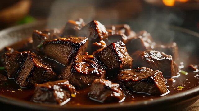 Rich slow-cooked beef stew chunks simmering in dark glossy gravy served hot in a rustic bowl a luxurious comfort food closeup.