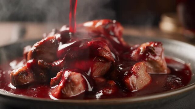 Rich red sauce pouring over steaming chunks of cooked meat served on a rustic dark plate showcasing a gourmet culinary dish close-up