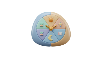 A 3D rendering of a colorful clock face divided into sections representing different times of day and night