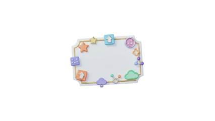 3D rendering of a colorful frame with stars and shapes on a white background