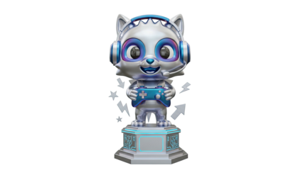 3D rendering of a futuristic cat figurine with headphones on a pedestal surrounded by stars