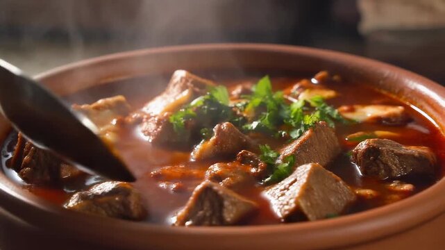 Savory beef stew being stirred in a terracotta pot. close-up of rich goulash or casserole with meat chunks steaming hot.