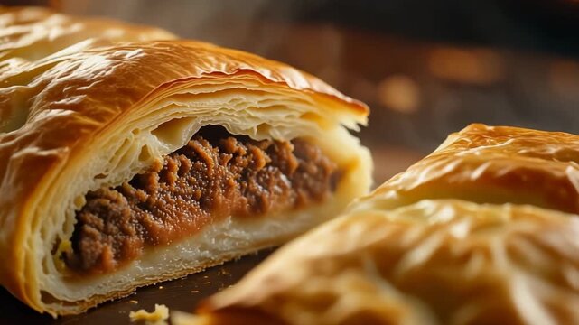 Close-up macro shot of a freshly baked flaky puff pastry sliced open revealing a rich brown filling inside emphasizing the texture and golden crust.