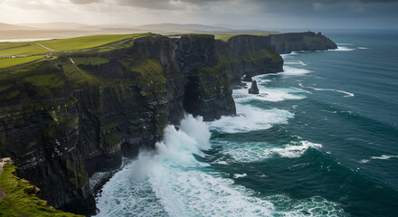 Dramatic ocean waves powerfully crash against steep green cliffs under a warm glowing late afternoon sun. AI Generated
