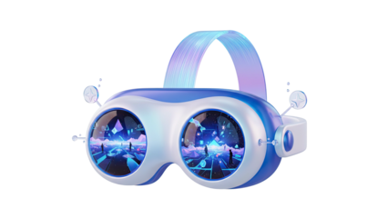 A futuristic virtual reality headset with glowing blue accents and sleek design in a 3D rendering
