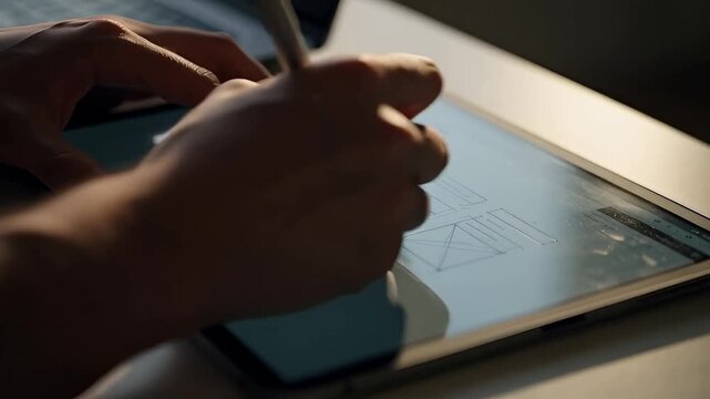 Hands sketching UI wireframes on a tablet with stylus in morning light