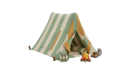 3D rendering of a green striped tent with camping gear outside in a serene outdoor setting