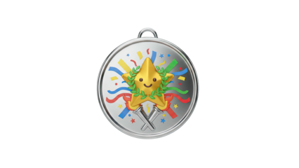 A 3D rendering of a medal featuring a cartoon character surrounded by colorful confetti and ribbons