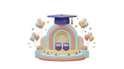 3D rendering of a graduation ceremony scene with a colorful arch, balloons, and a hat on a pedestal
