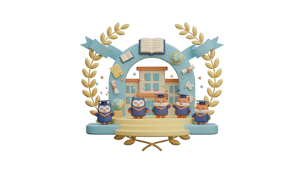 3D rendering of a school scene with children and a building surrounded by laurel wreaths