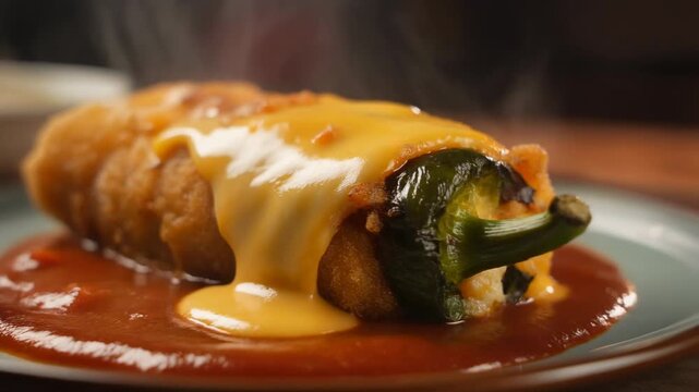 Close-up shot of a steaming deep-fried chili relleno smothered in melted cheese sauce and rich red salsa a classic mexican street food dish.
