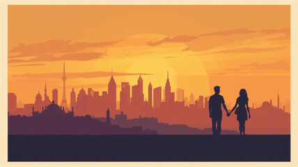 Fototapeta premium A romantic silhouette of a couple holding hands, watching a beautiful sunset over a global city skyline.