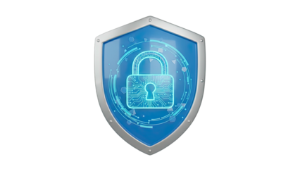3D rendering of a blue shield with a lock icon symbolizing security and protection