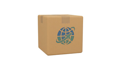 3D rendering of a cardboard box with a blue globe logo on the side in a plain white environment
